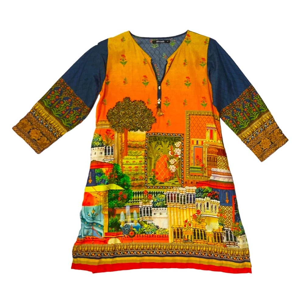 KHAADI Beautiful Womens Pakistani 3/4 Sleeve Colorful Boho Kurta Tunic Sz 12